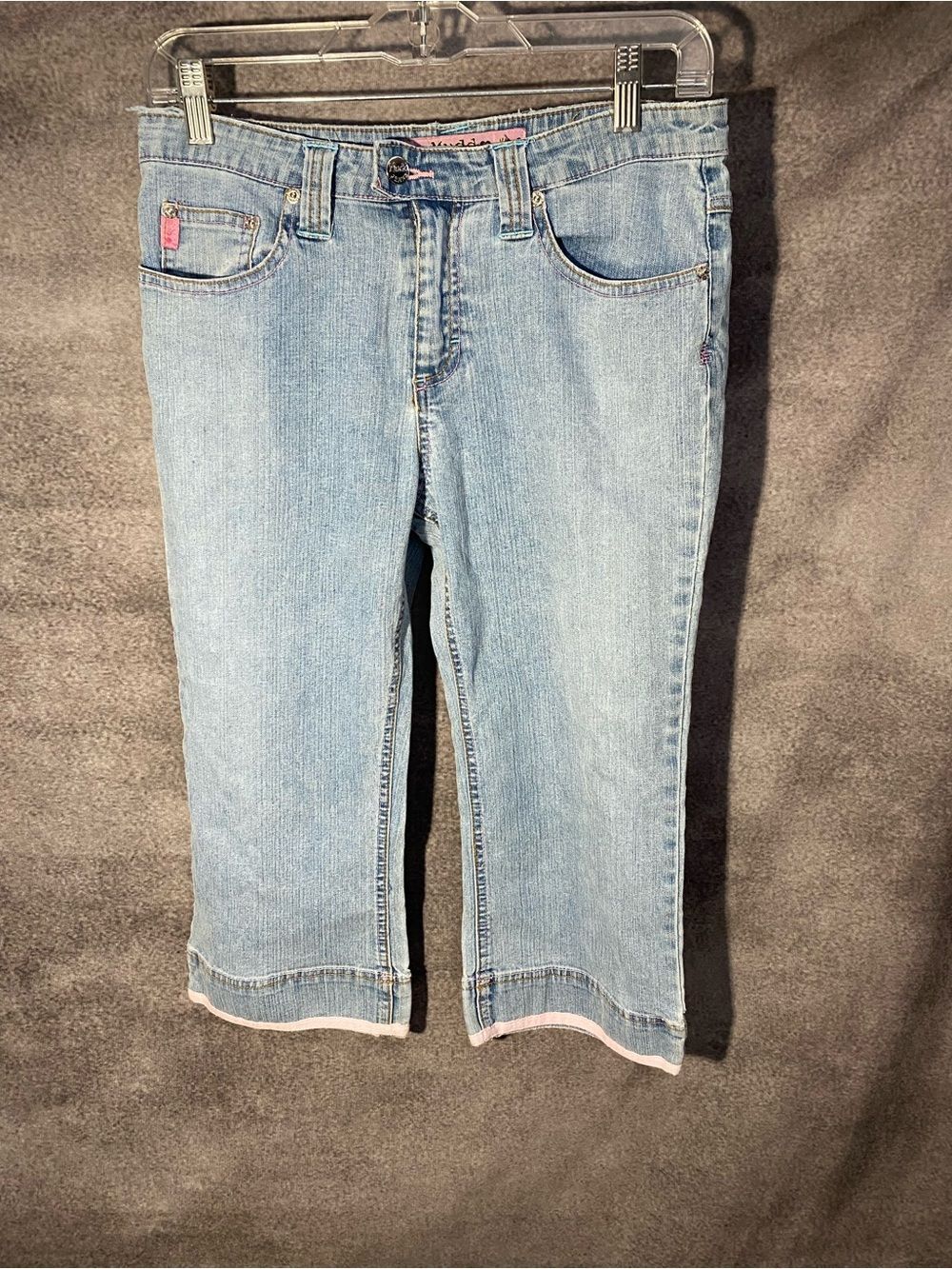 Mudd Jeans Capris junior Size 16 Light Wash Pink Stitch Hem Crop Denim Vintage